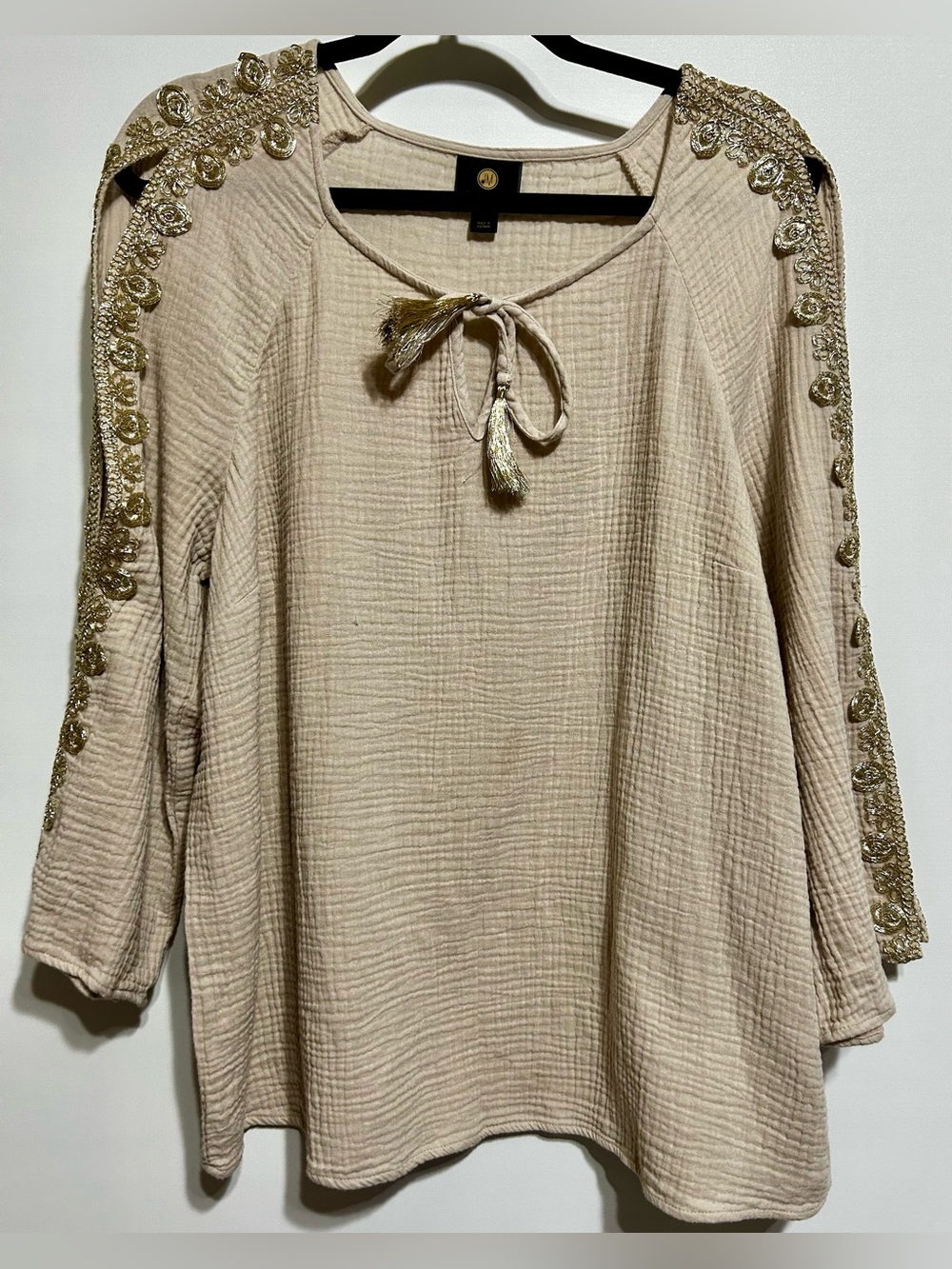 JM Collection Beige Tassel-Tie Tunic with Gold Embellished Sleeves